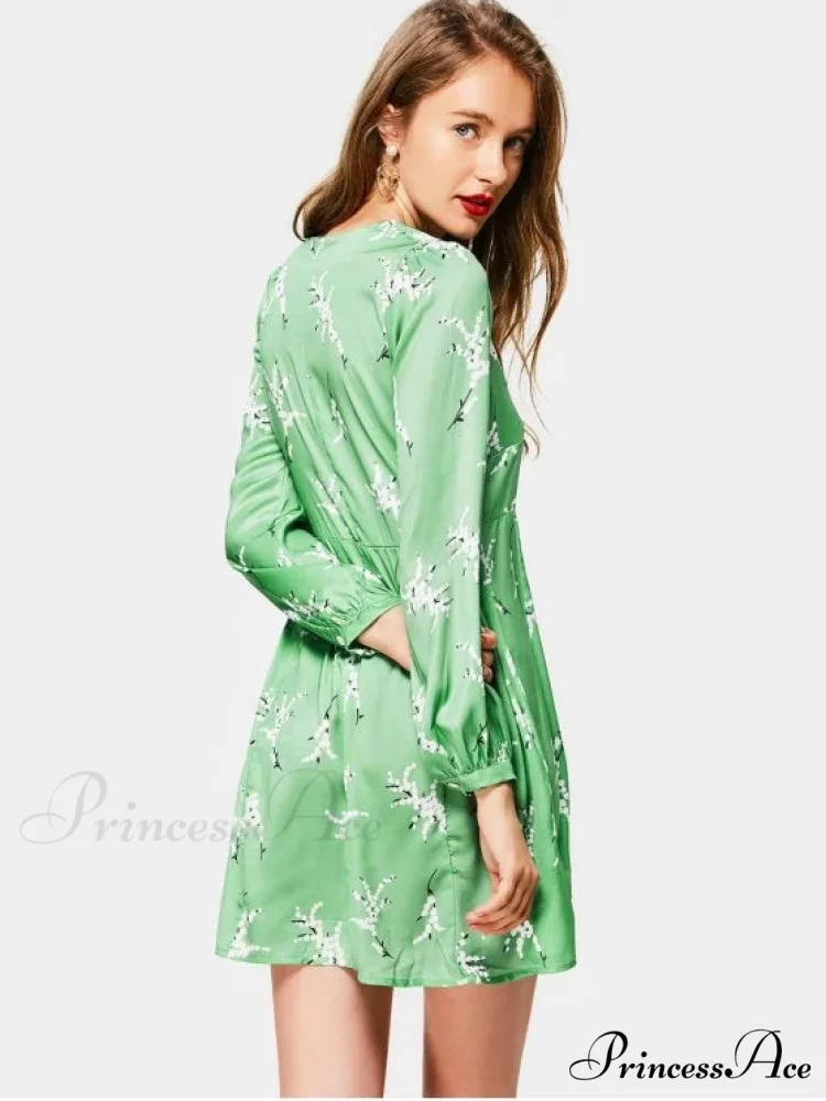 Neck Long Arm Patterned Plunging Elegant Dress - Image 3