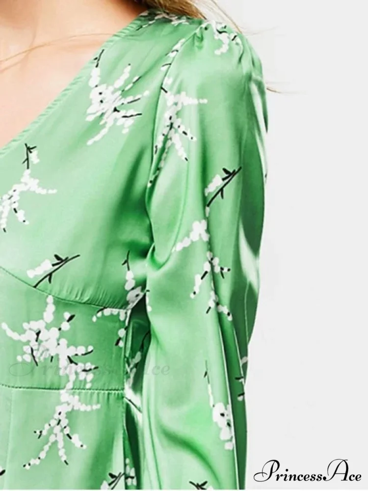 Neck Long Arm Patterned Plunging Elegant Dress - Image 4