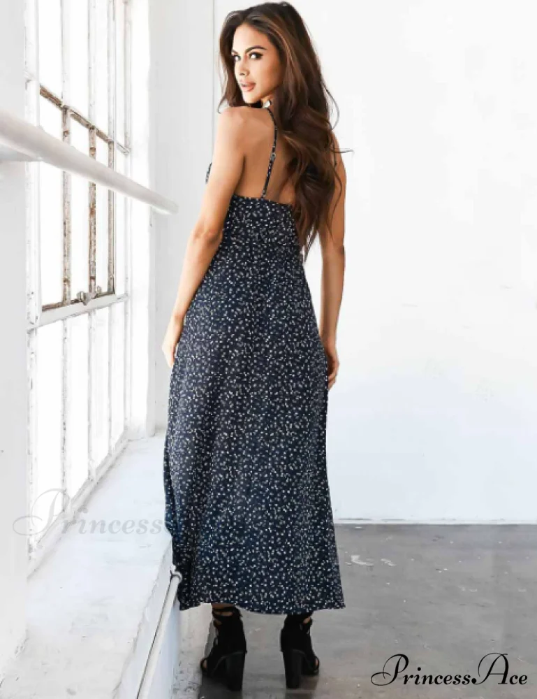 Long V-Neck Ethnic Bohemia Spaghetti Bohemian Coastal Flowered Design Strap Autumn Dress - Image 3