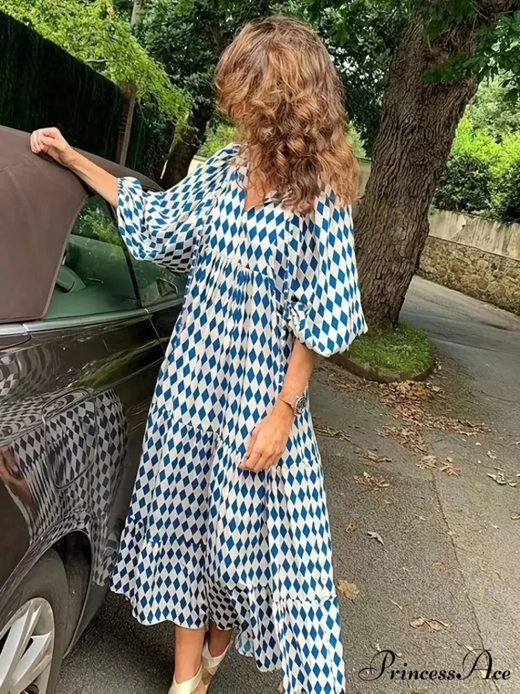 Bohemian Puff Gown Loose Coastal - Full-Length Arm Long Blue - Image 2
