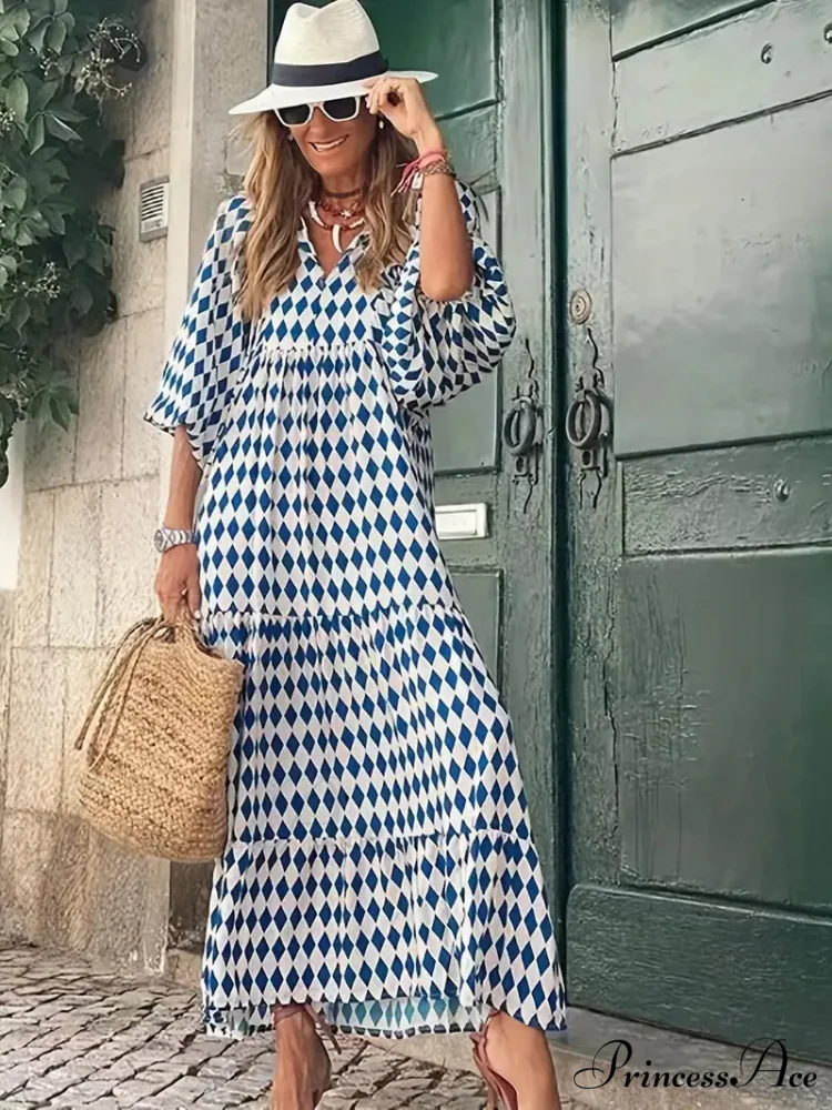 Bohemian Puff Gown Loose Coastal - Full-Length Arm Long Blue - Image 3
