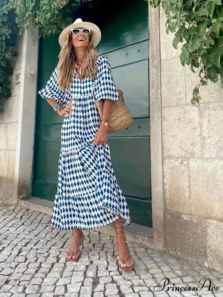 Bohemian Puff Gown Loose Coastal - Full-Length Arm Long Blue - Image 4