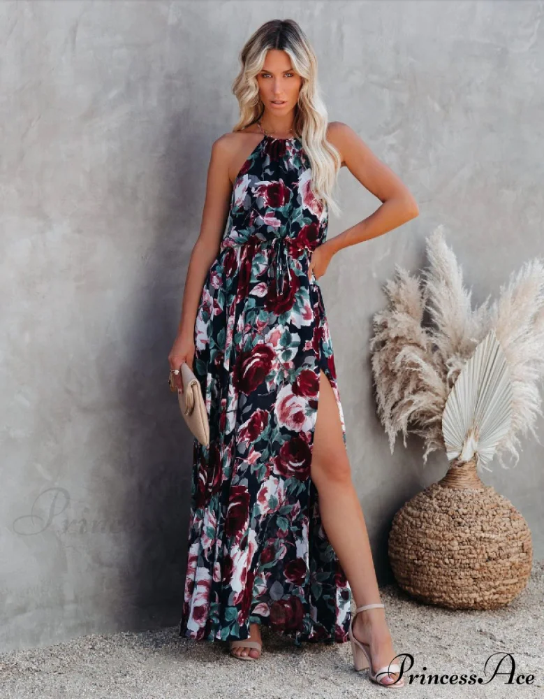 Bohemian Split Women Halter Gown Warm-Season Design Coastal Sleeveless Full-Length Dress - Image 2