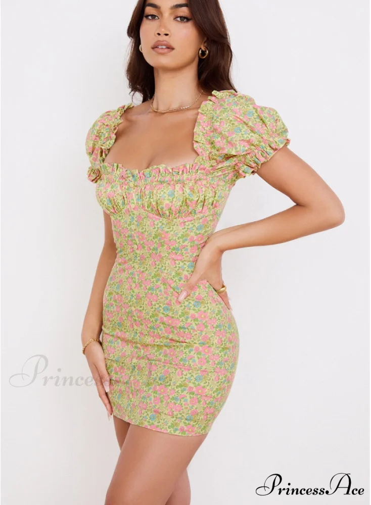 Neck Sweet Design Up Bohemian Puff Mini Frills Lace A-Line Sleeves Flowered Slash Ruffle Dress - Image 2