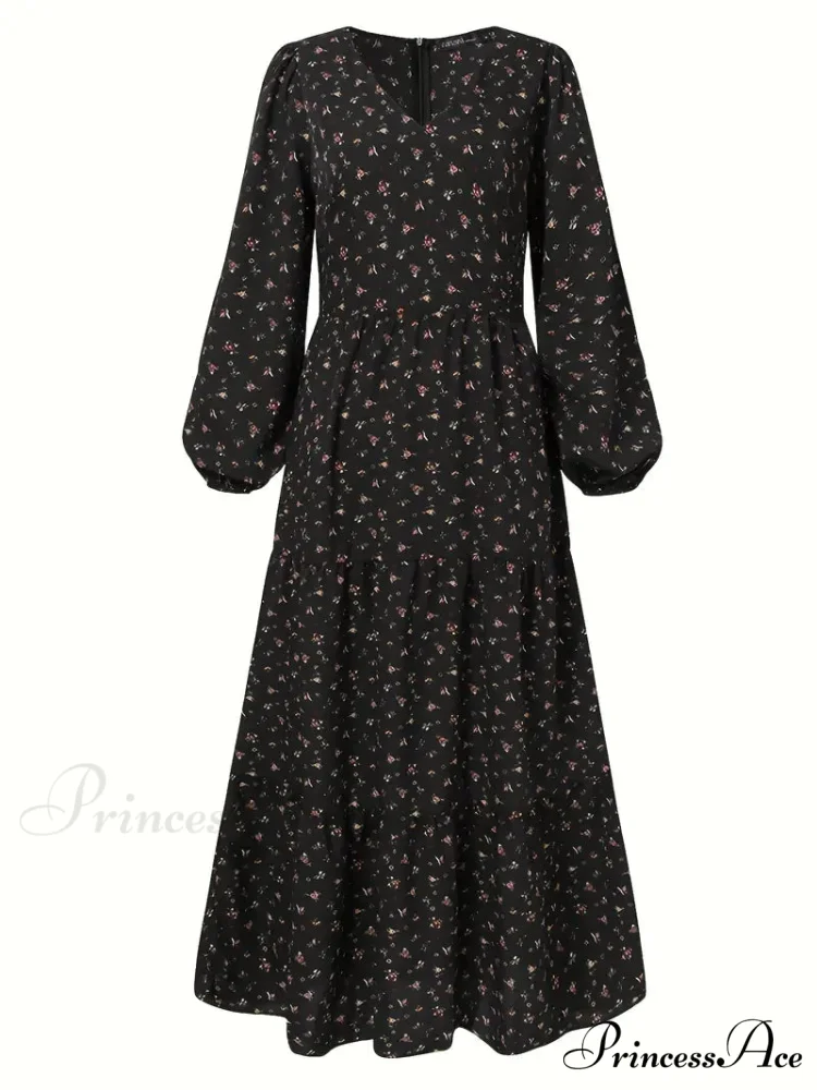 Arm Design V Neck Tiered Lantern Full-Length Flowered Bohemian Dress - Image 2