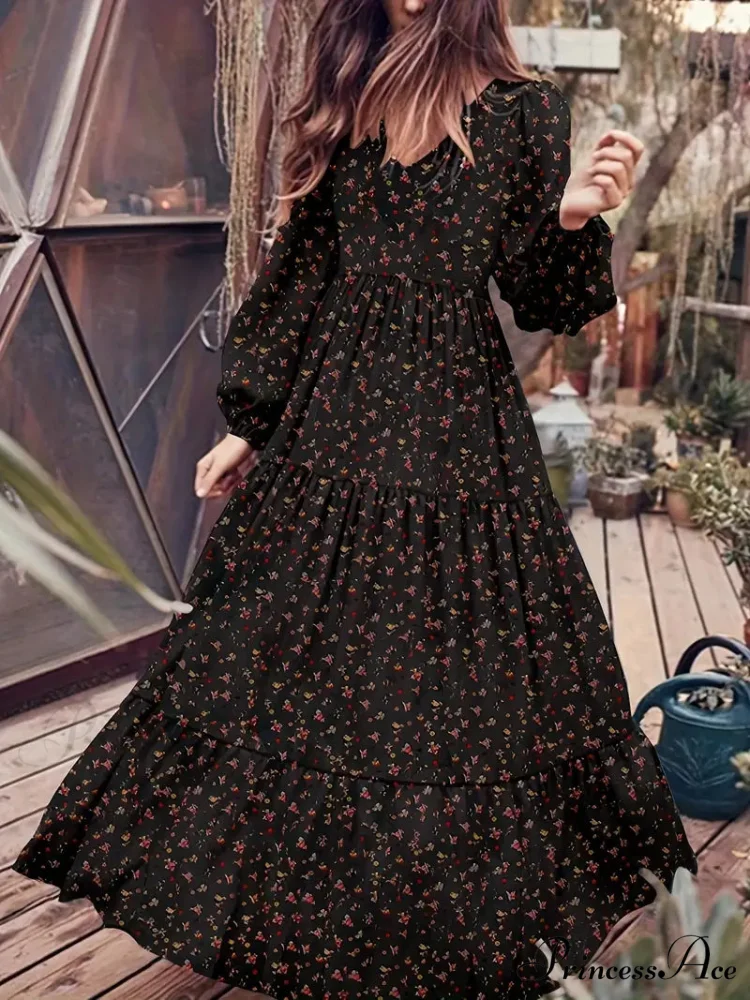 Arm Design V Neck Tiered Lantern Full-Length Flowered Bohemian Dress - Image 3