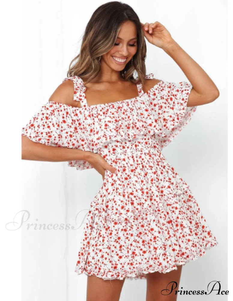 A Patterned Brief Festive Women Gown Coastal Slash Arm Bohemian Line Neck Ruffle Mini Dress - Image 2
