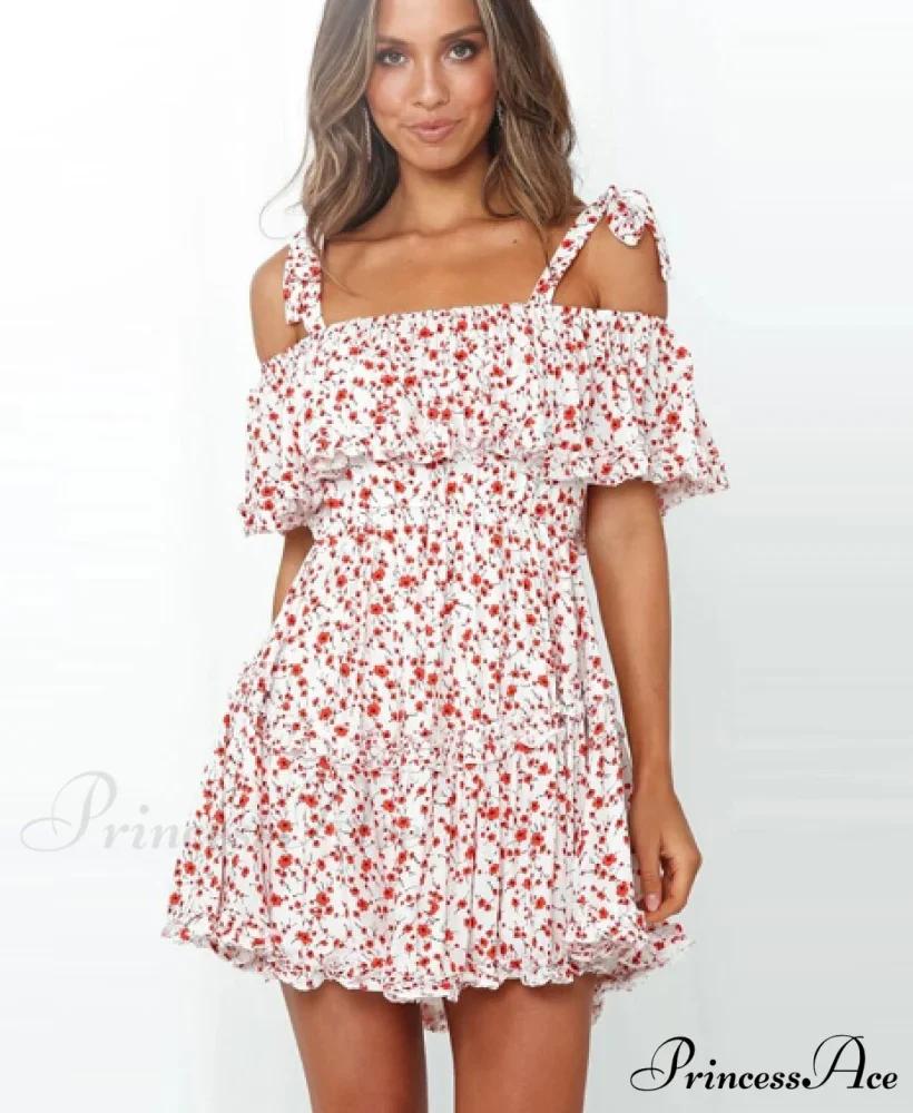 A Patterned Brief Festive Women Gown Coastal Slash Arm Bohemian Line Neck Ruffle Mini Dress - Image 3