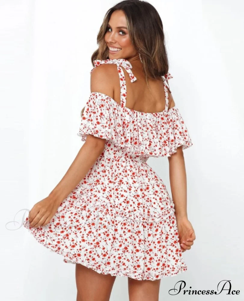 A Patterned Brief Festive Women Gown Coastal Slash Arm Bohemian Line Neck Ruffle Mini Dress - Image 4