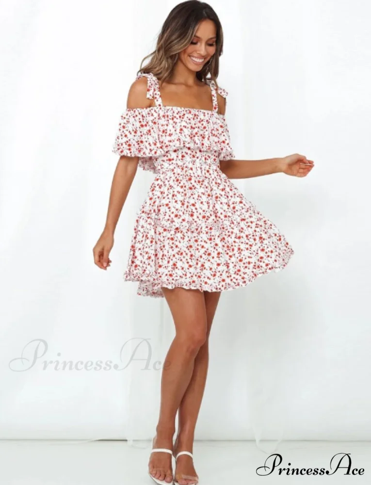 A Patterned Brief Festive Women Gown Coastal Slash Arm Bohemian Line Neck Ruffle Mini Dress - Image 5