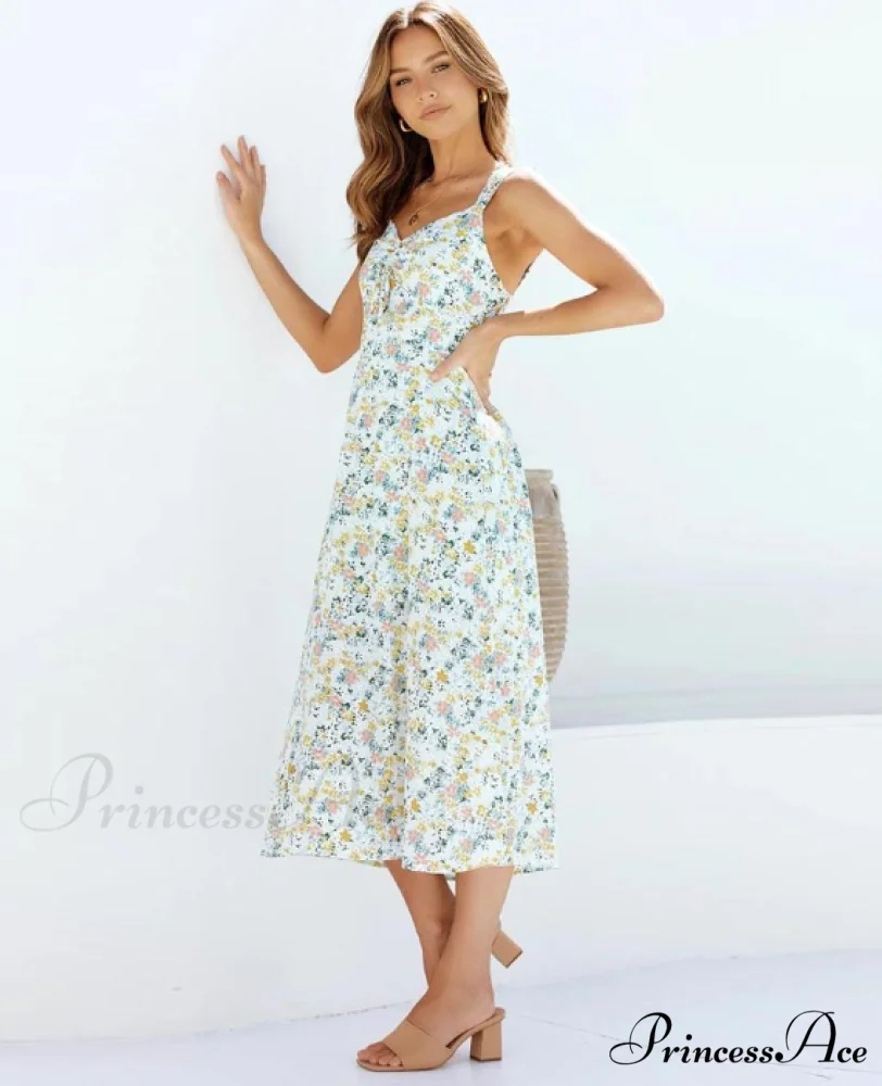 Women's Warm-Season Sleeveless Design Coastal Midi Green Casual Dress - Image 3
