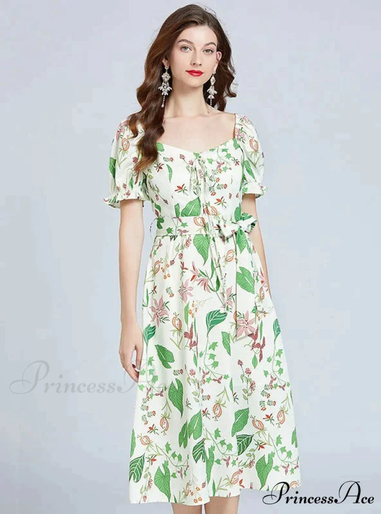 Bubble Slim Green Arm Waist Design Dress - Image 2