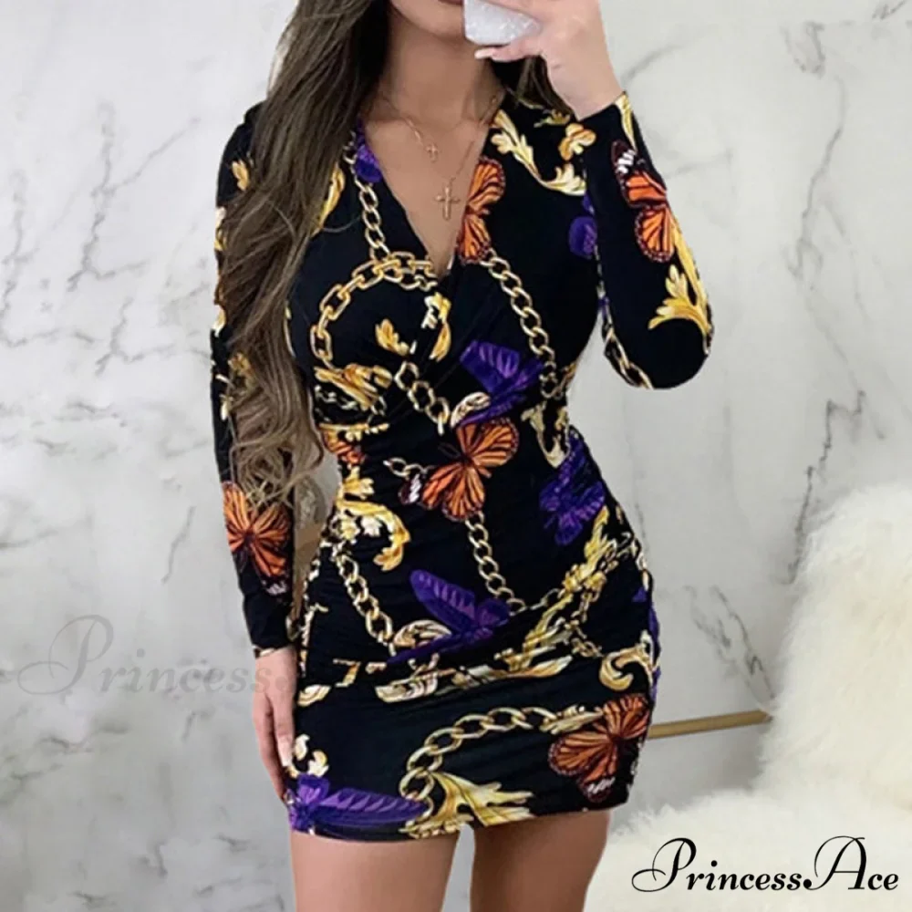 Arm Neck Long Mini Chain Design V Dress - Image 3