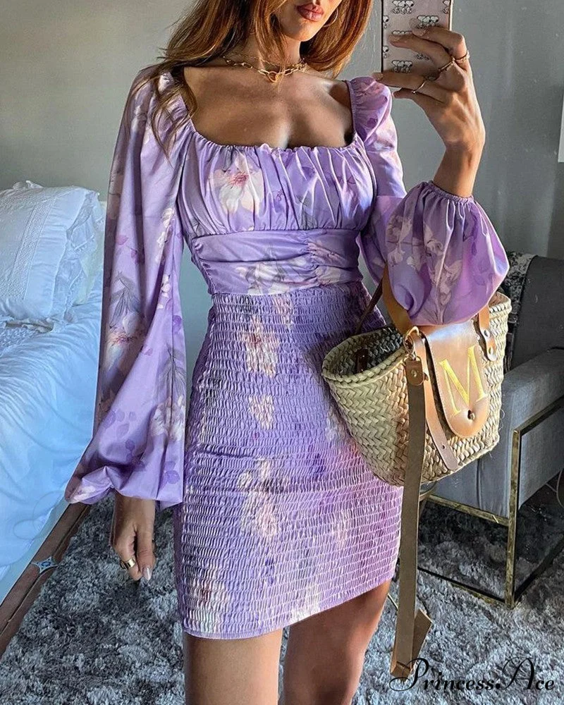 Shirring Design Lantern Flowered Arm Dress - Image 2