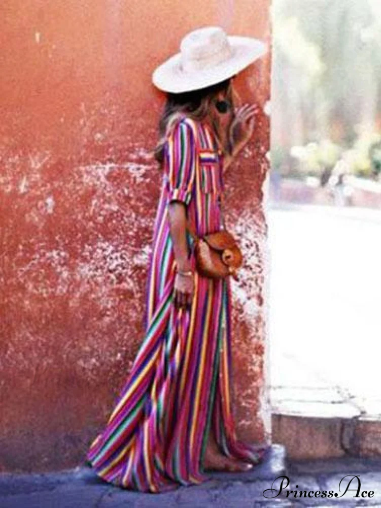 Striped Full-Length Bohemia Dress - Image 3