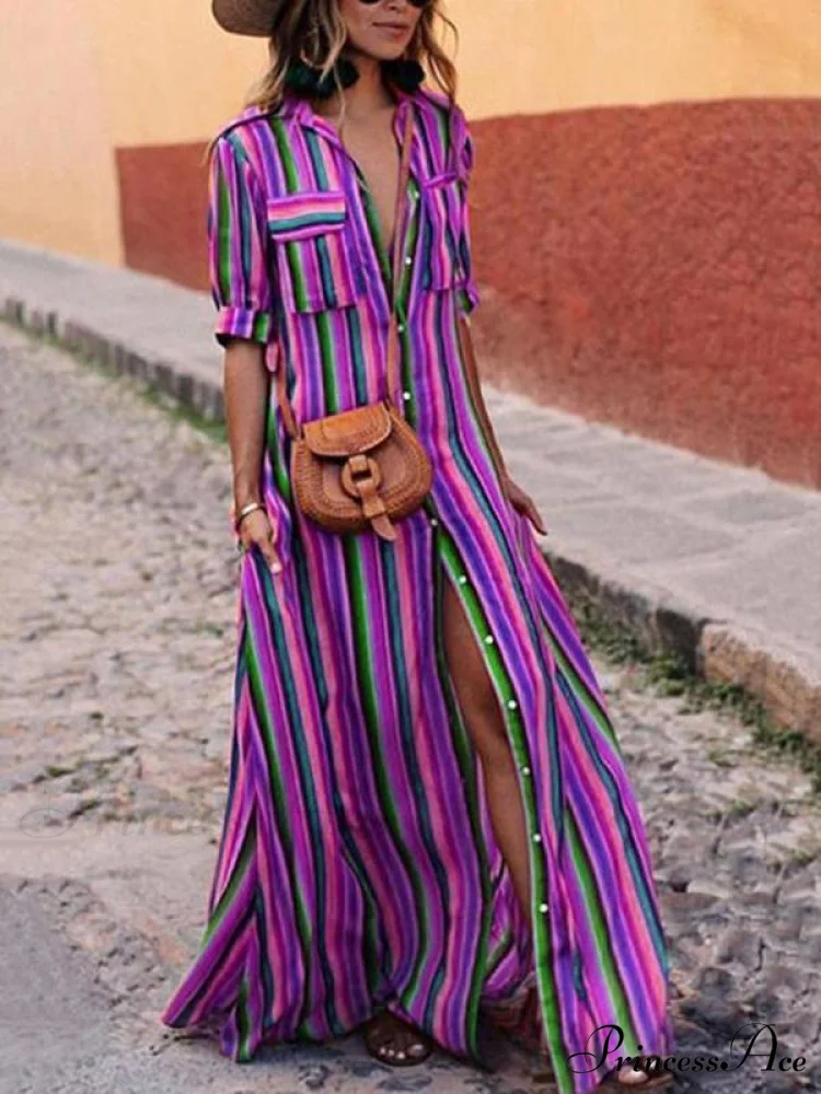 Striped Full-Length Bohemia Dress - Image 4