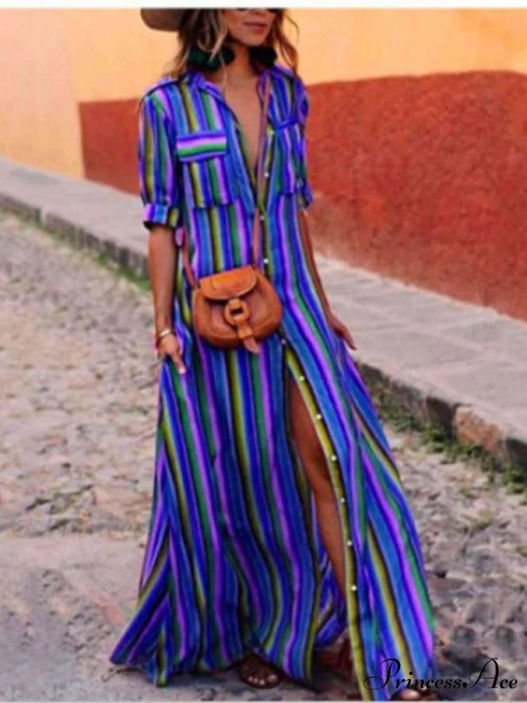 Striped Full-Length Bohemia Dress - Image 6