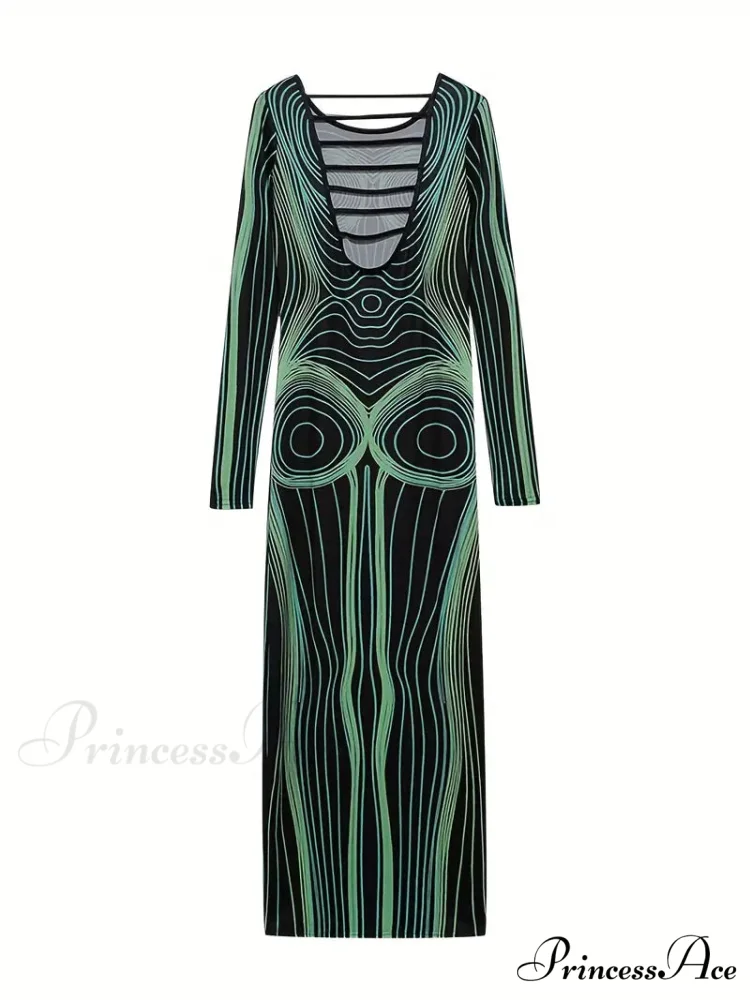 with Striped Long Body Shape Out Design Gown Cut Sleeves - Image 9