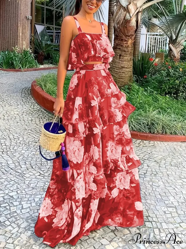 Crop Ruffles Flowered Skirt Two-Piece Tank Design Set - Image 2