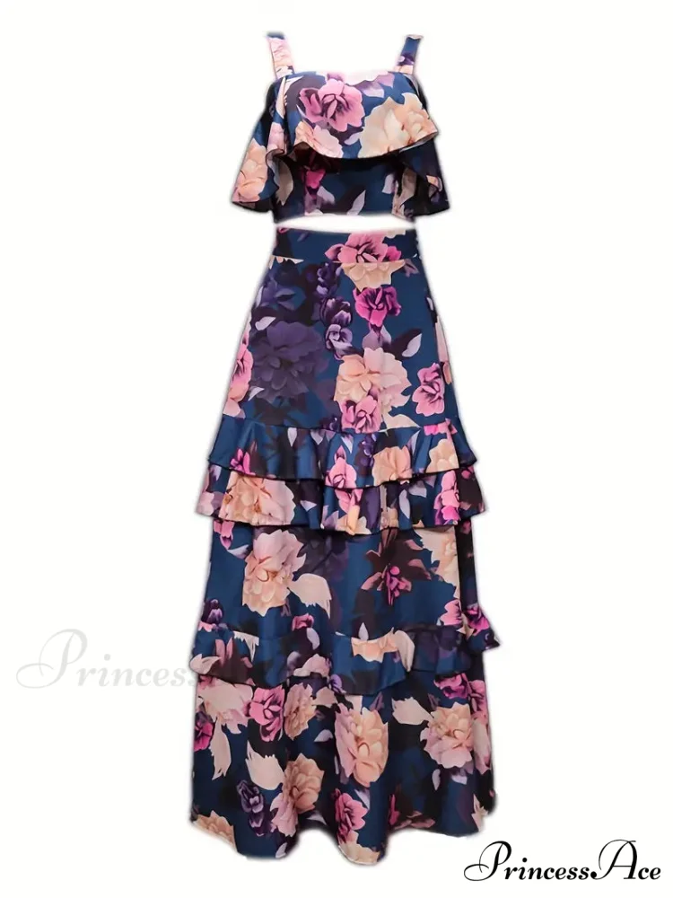 Crop Ruffles Flowered Skirt Two-Piece Tank Design Set - Image 3