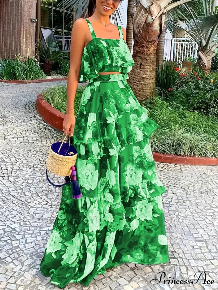 Crop Ruffles Flowered Skirt Two-Piece Tank Design Set - Image 7