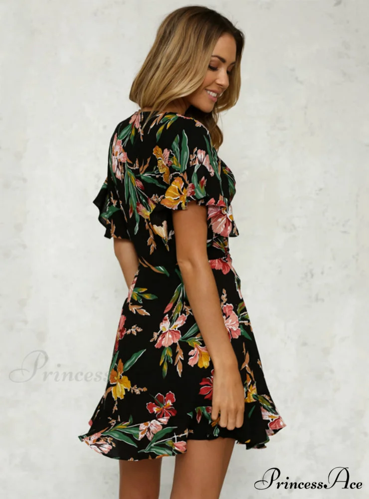 Bohemian with Design V-Neck Hem Flower Gown and Deep Black Folds - Image 2