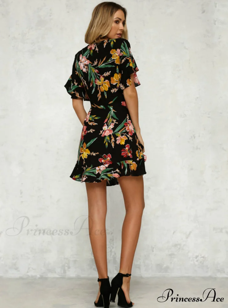 Bohemian with Design V-Neck Hem Flower Gown and Deep Black Folds - Image 4
