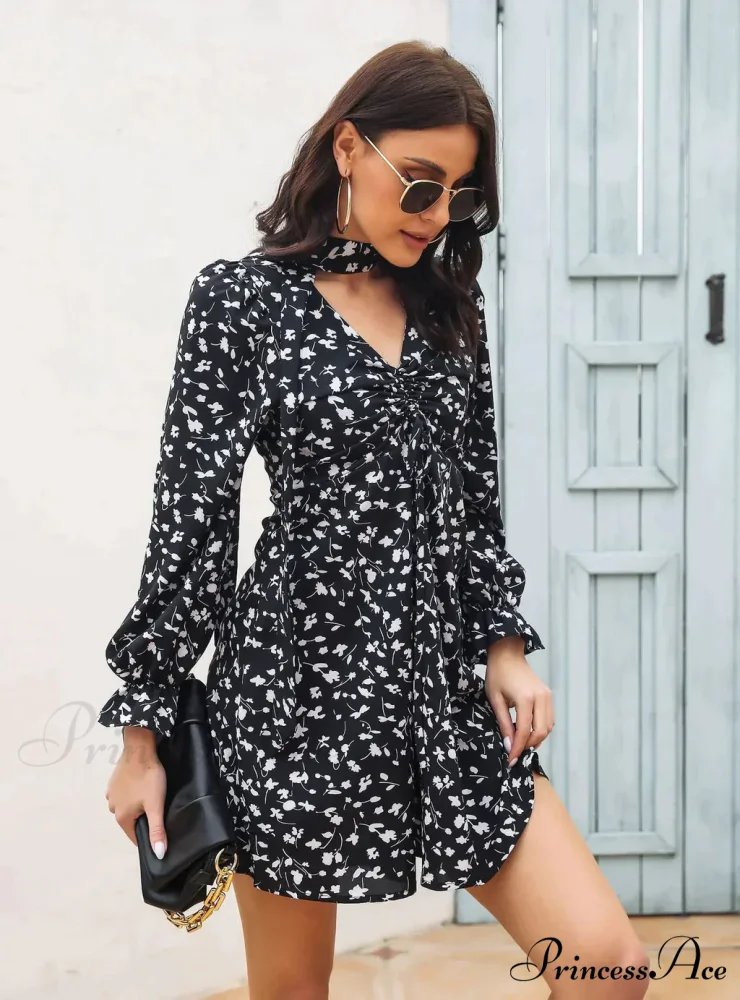 Patterned Arm Flared Flowered Gown with V-Neck Chiffon Drawstring - Image 6