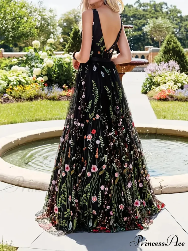 V Neck Full-Length Mesh Embroidered Flowered A-Line Dress - Image 2