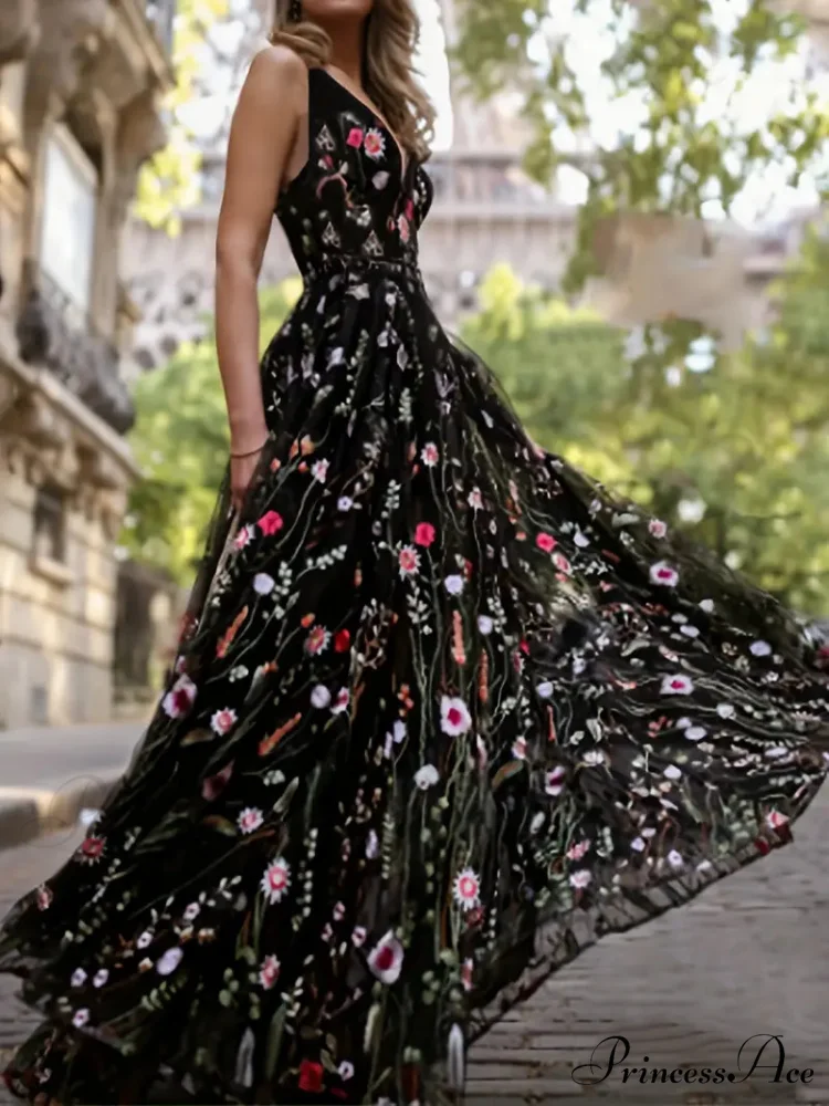 V Neck Full-Length Mesh Embroidered Flowered A-Line Dress - Image 3