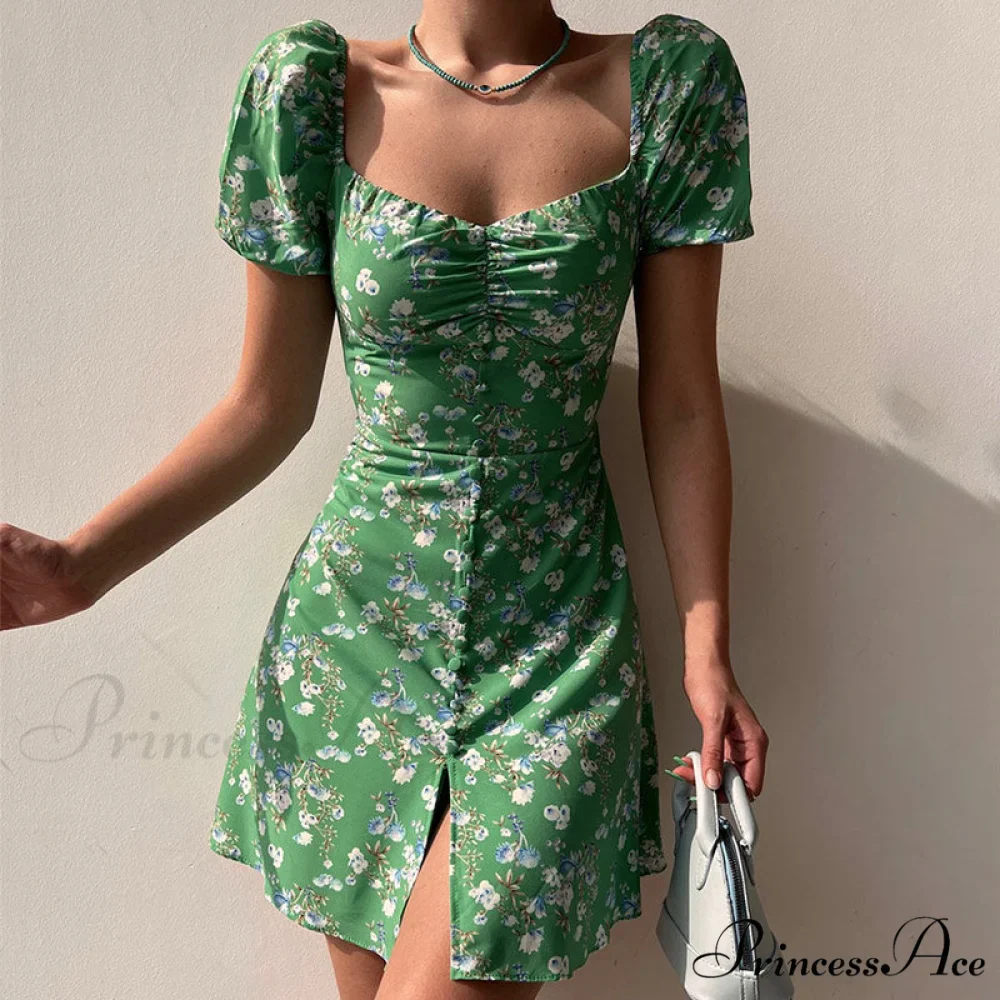 Waist Arm A-Line Puff Women's V-Neck High Flowered Dress - Image 5