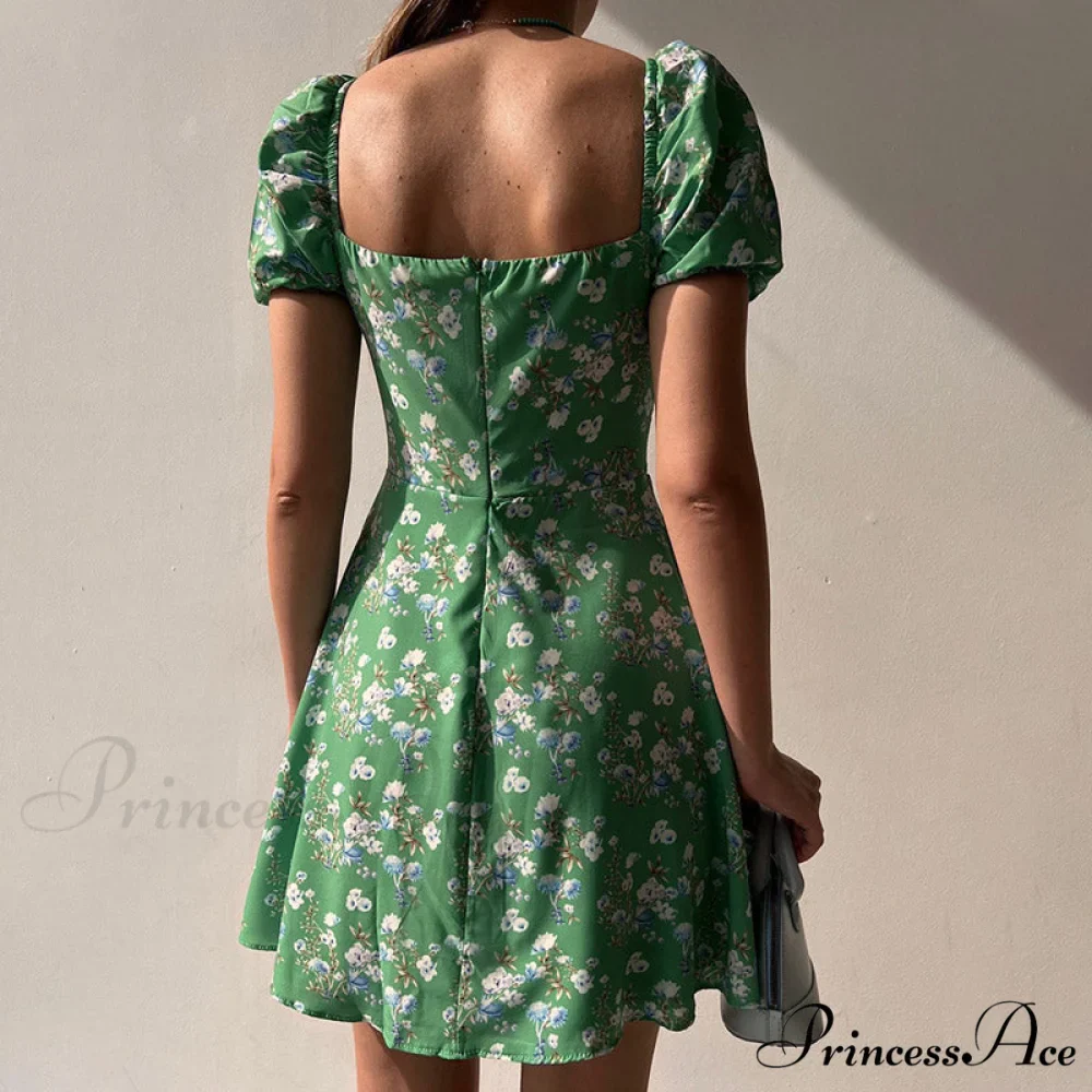 Waist Arm A-Line Puff Women's V-Neck High Flowered Dress - Image 6