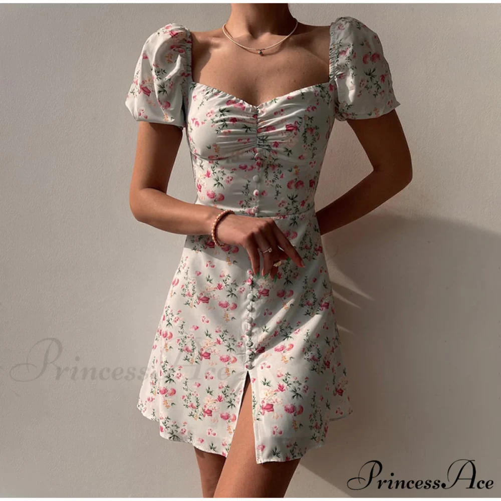Waist Arm A-Line Puff Women's V-Neck High Flowered Dress - Image 7