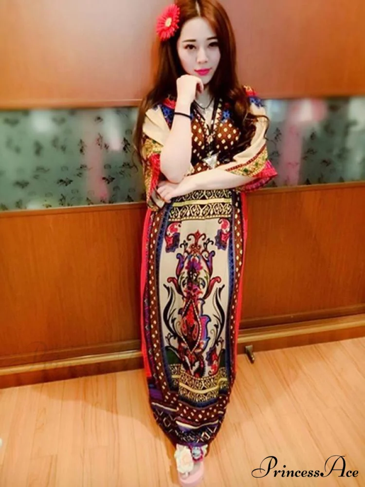 Arm Neck V Full-Length Flowered Half Dress - Image 2
