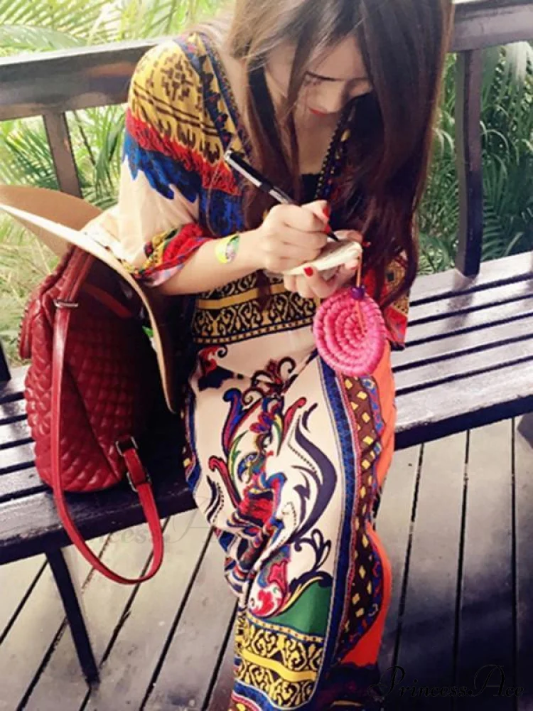Arm Neck V Full-Length Flowered Half Dress - Image 3