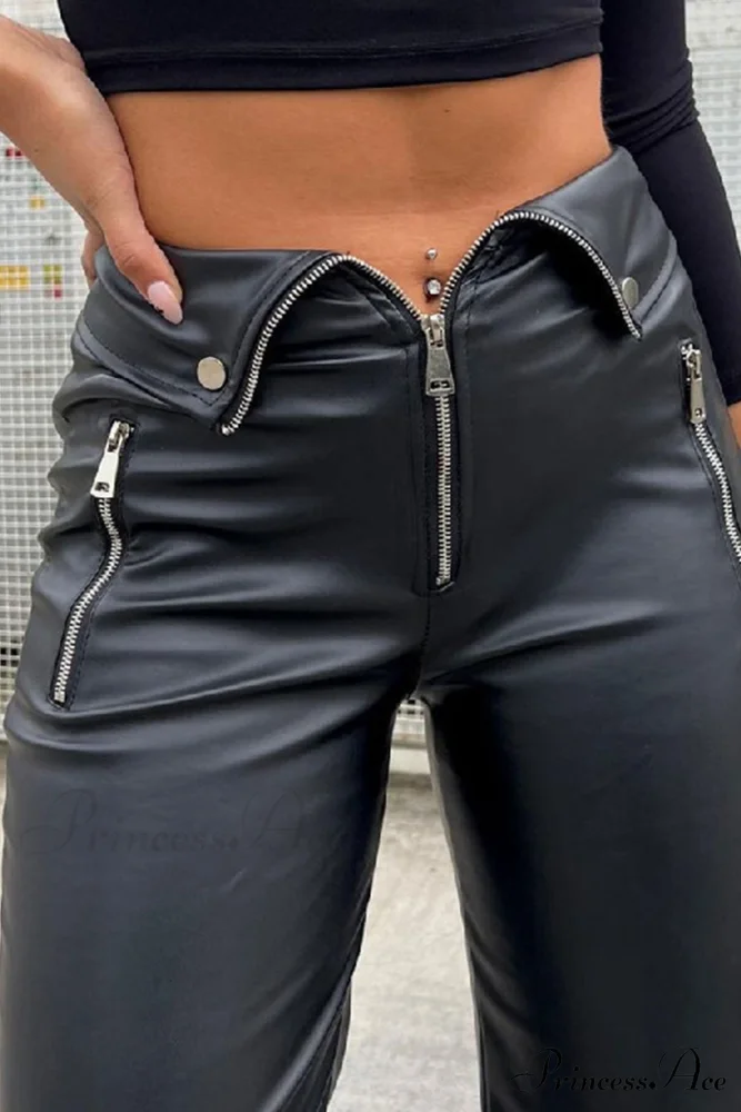 Color Leather Zipper with Solid Straight Pants Front - Image 3