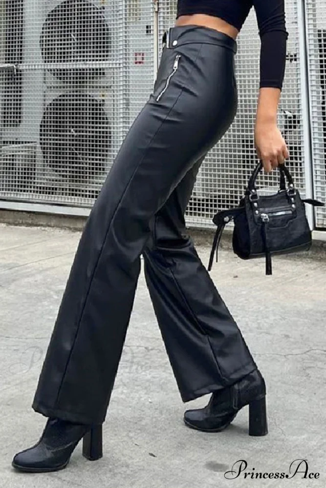 Color Leather Zipper with Solid Straight Pants Front - Image 4