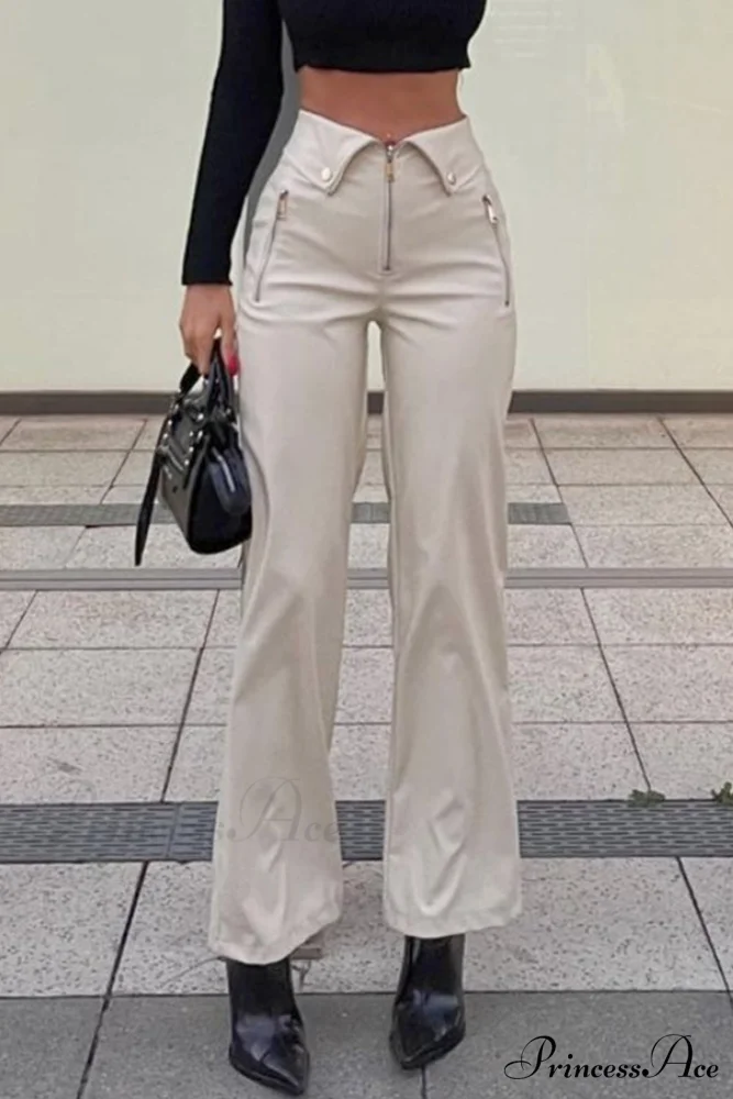 Color Leather Zipper with Solid Straight Pants Front - Image 5