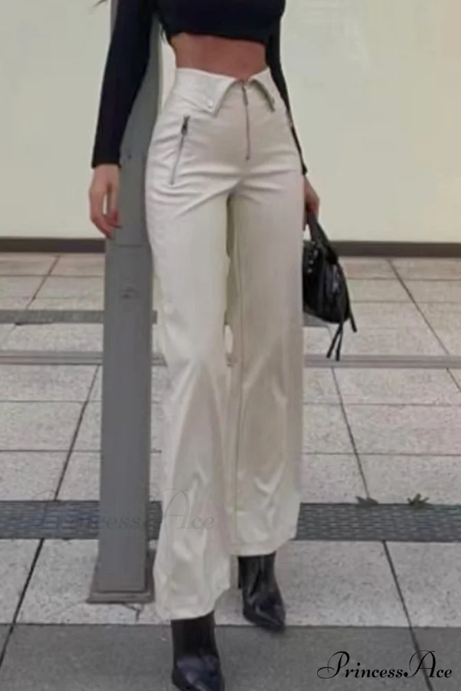 Color Leather Zipper with Solid Straight Pants Front - Image 6