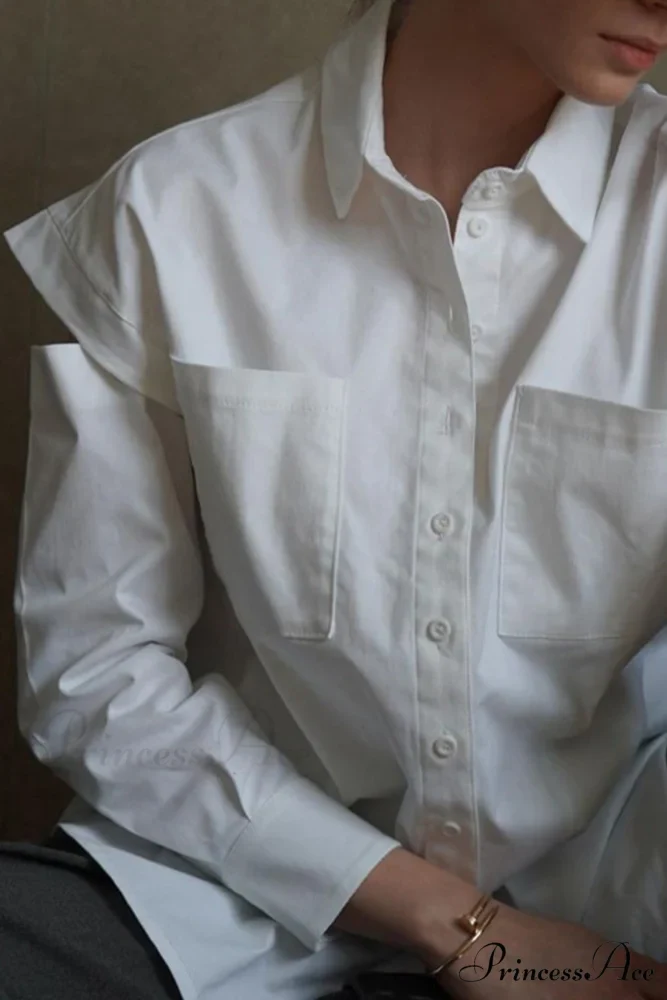 Cutout Long Tops Blouse White with Sleeves - Image 2