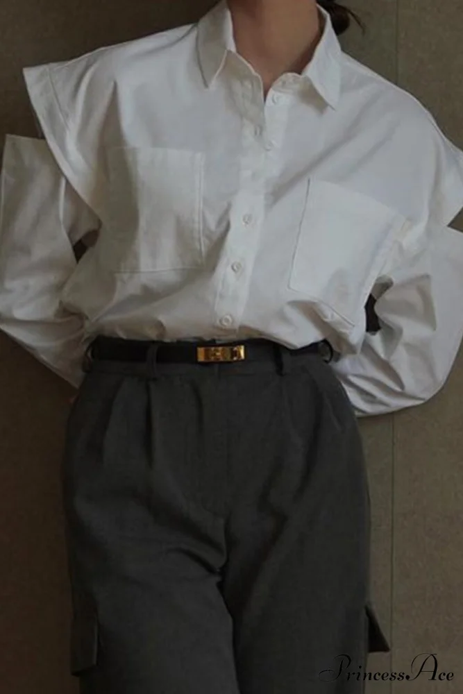 Cutout Long Tops Blouse White with Sleeves - Image 3