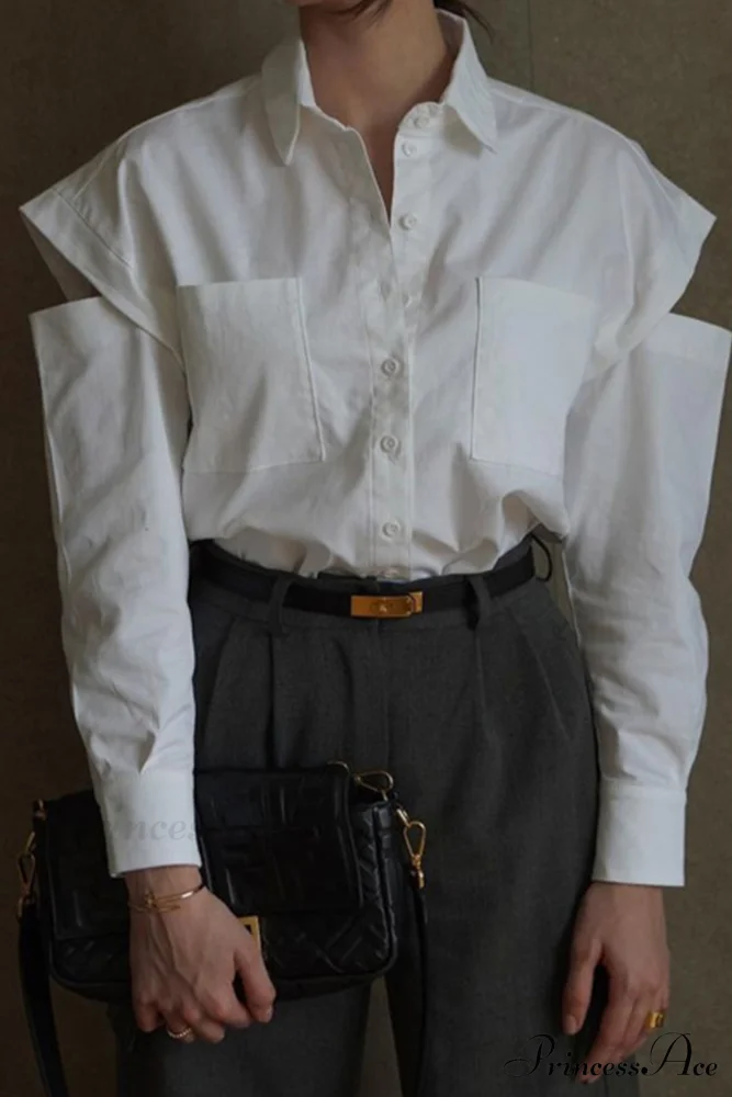 Cutout Long Tops Blouse White with Sleeves - Image 4
