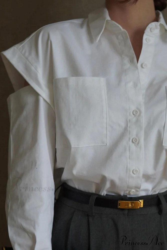 Cutout Long Tops Blouse White with Sleeves - Image 5