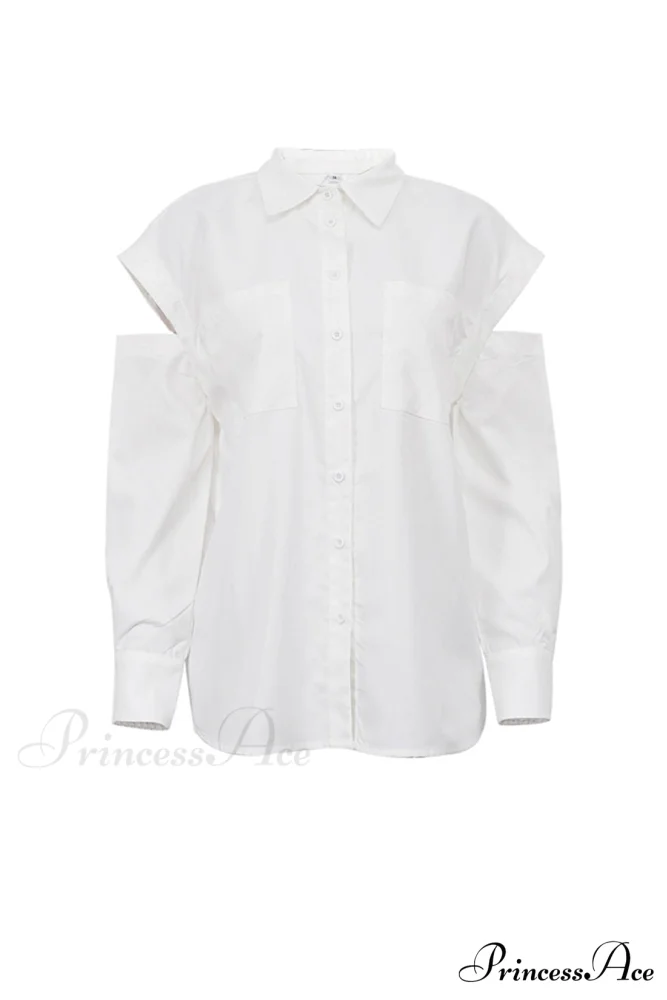 Cutout Long Tops Blouse White with Sleeves - Image 6