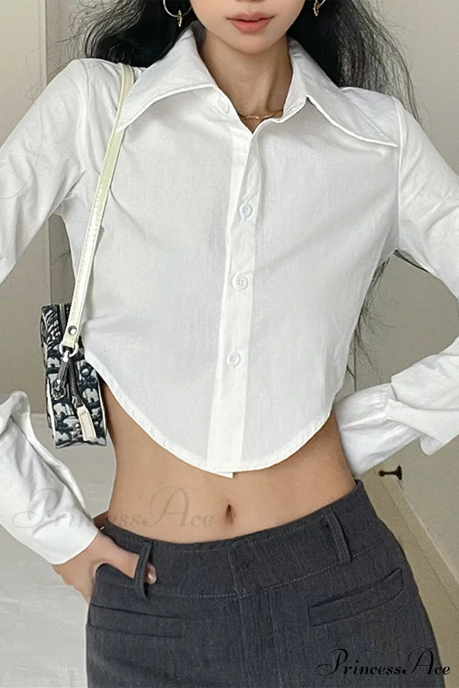 Long Button-Up Cropped Blouse Arm with White Lapel - Image 3