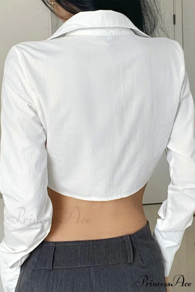 Long Button-Up Cropped Blouse Arm with White Lapel - Image 6