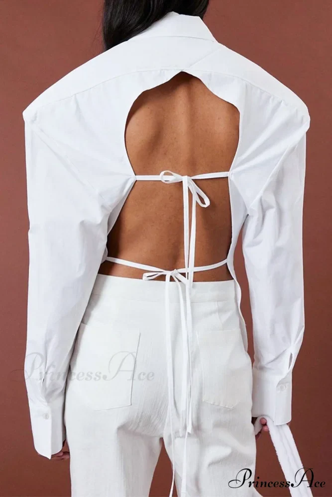 Blouse White Arm Shoulder Long Backless with Up Lace Pads - Image 7