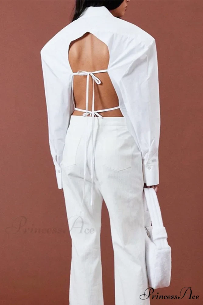 Blouse White Arm Shoulder Long Backless with Up Lace Pads - Image 9