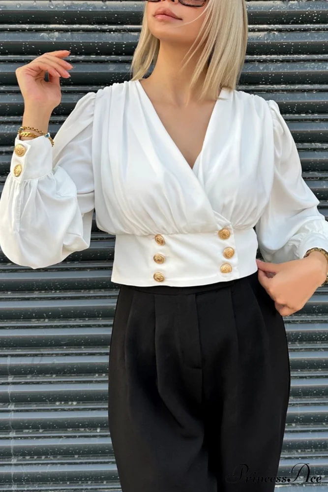 Arm Smocked Puff Neck V Top - Image 2