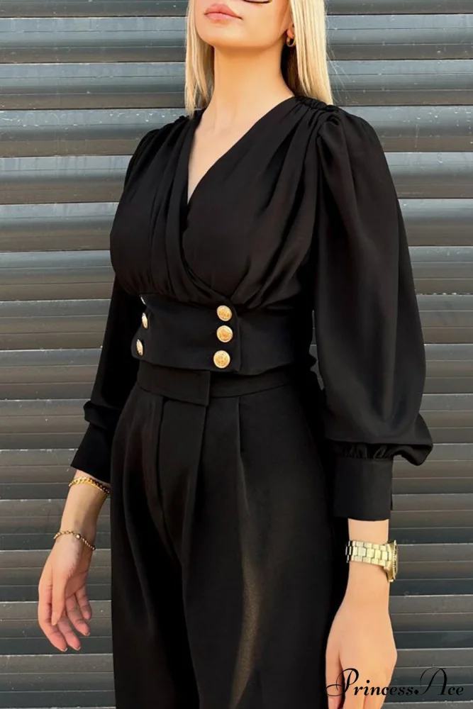 Arm Smocked Puff Neck V Top - Image 6